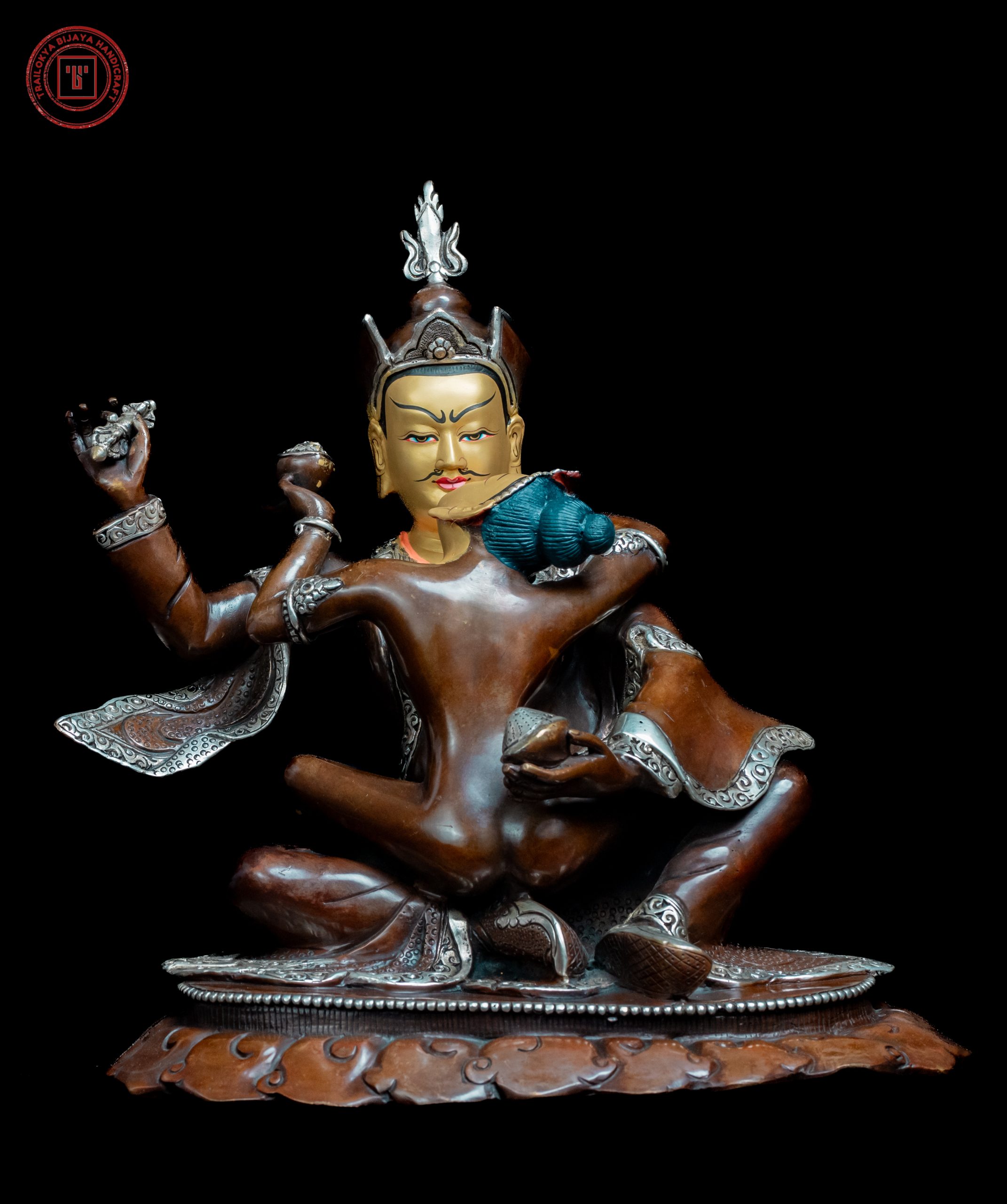 Silver Oxidize Lotus Born Guru Rinpoche With Consort Statue